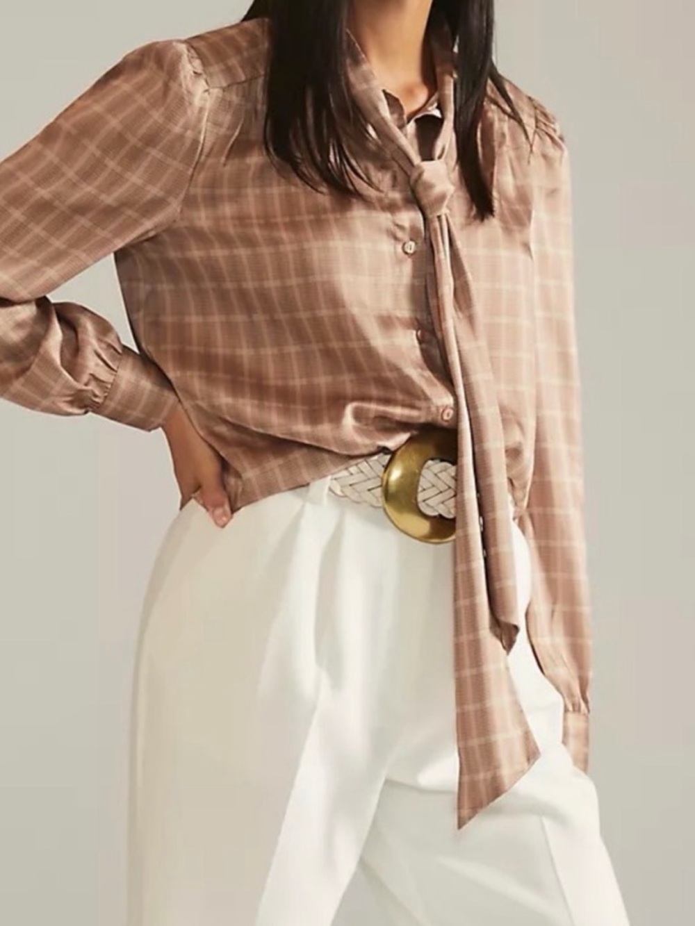 NWT Mare Mare x Anthropologie Plaid Neck Tie Tan Long Sleeve Blouse